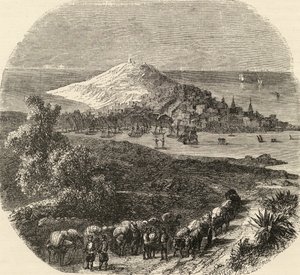 Byen og bugten Coruna, Spanien, illustration fra 